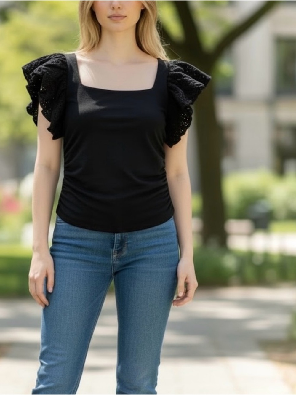 Express Black Square Neck Eyelet Ruffle Cap Sleeve Ruched Sides Tie Back Top S